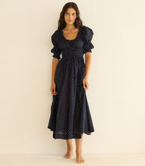ISCHIA DRESS -- NAVY FLOCK DOT