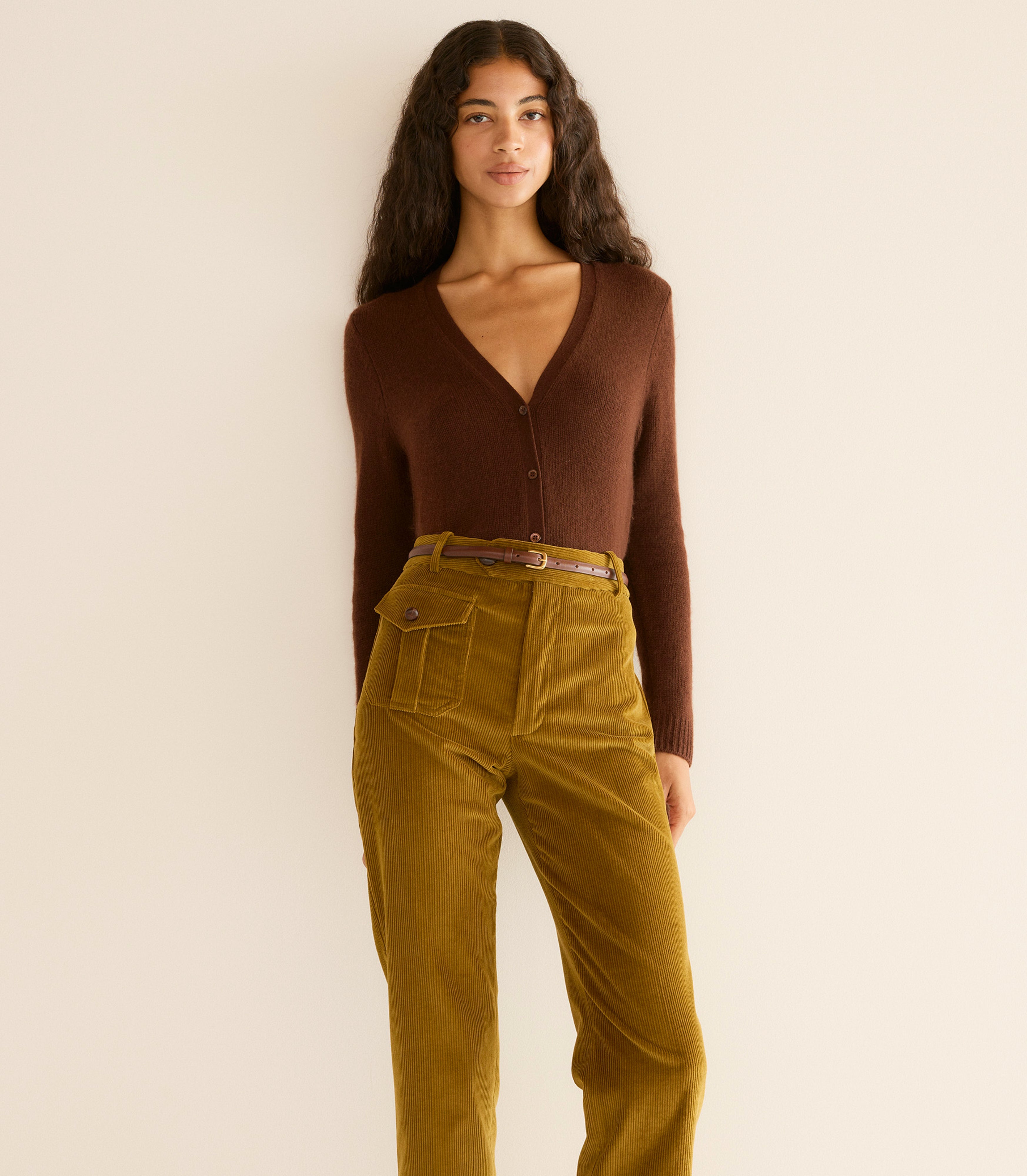 CAMERON CASHMERE CARDIGAN -- DARK UMBER